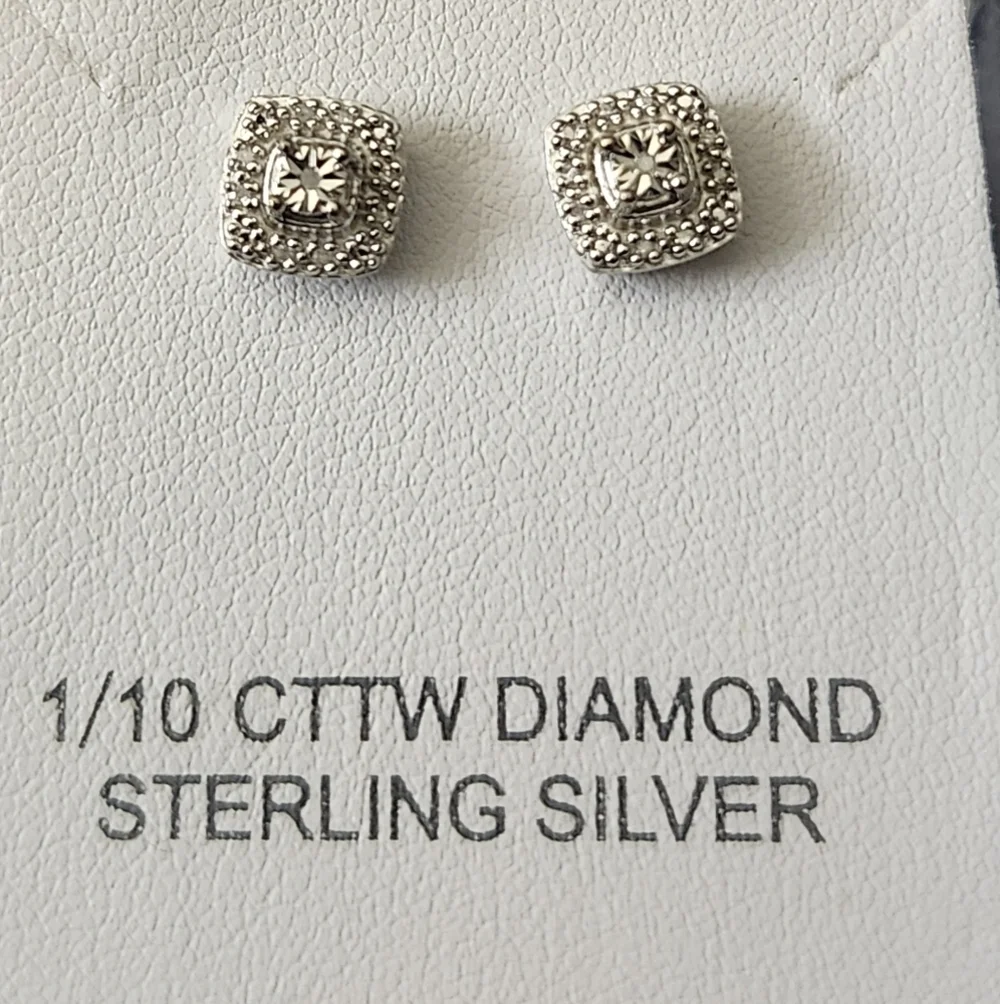 1/10 CTTW Diamond Sterling Silver square cluster or halo stud earrings
